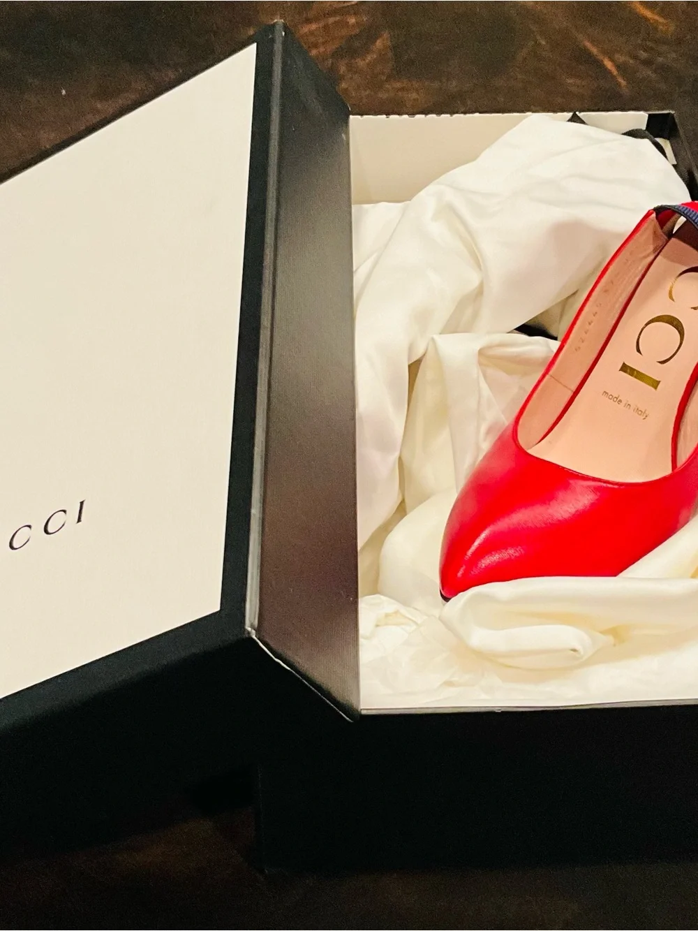 Gucci Red Leather Pointed Slingback Pumps with Striped Strap